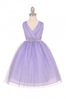 Lilac Tulle V-Neck with Removable Rhinestone Grossgrain Tape Sash Flower Girl Dress